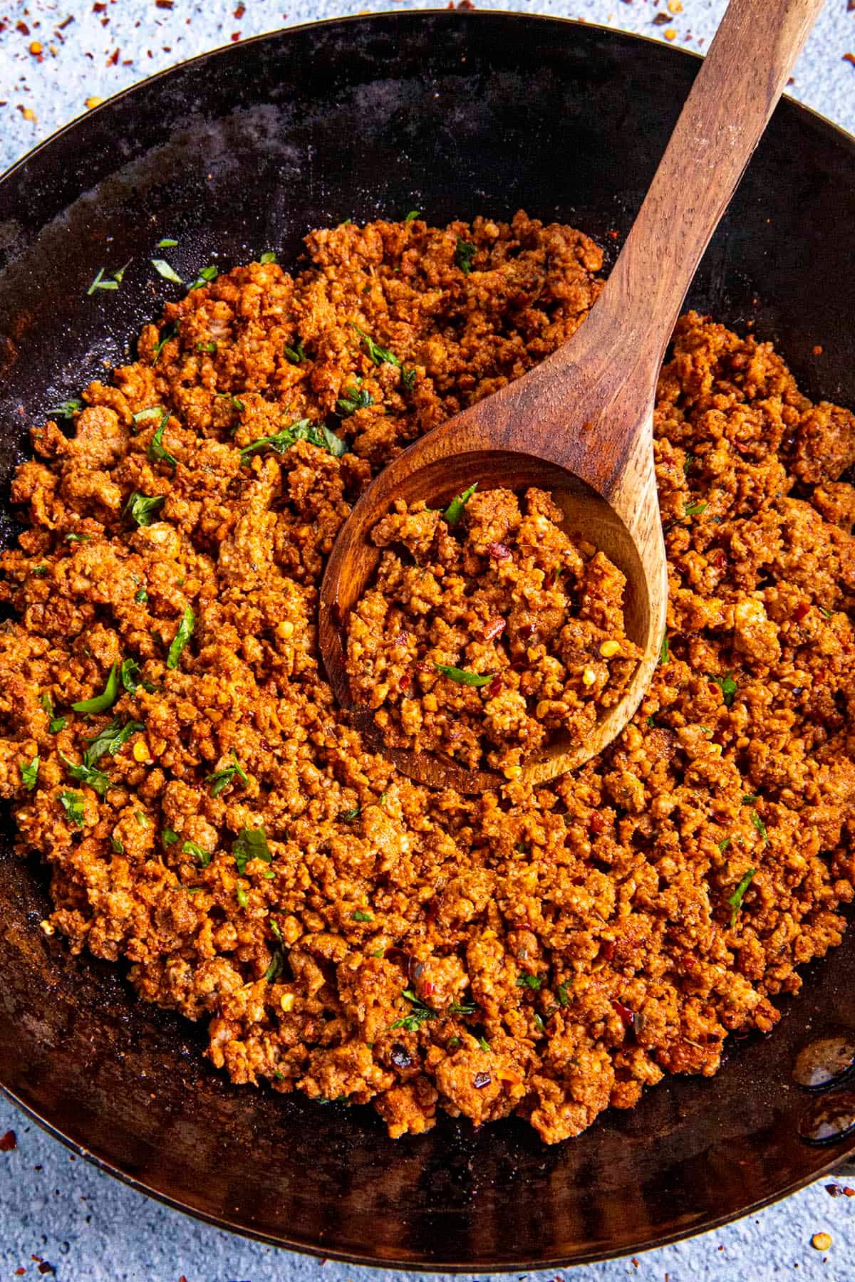 Chorizo Don Pepe cocinándose en sartén, listo para tacos